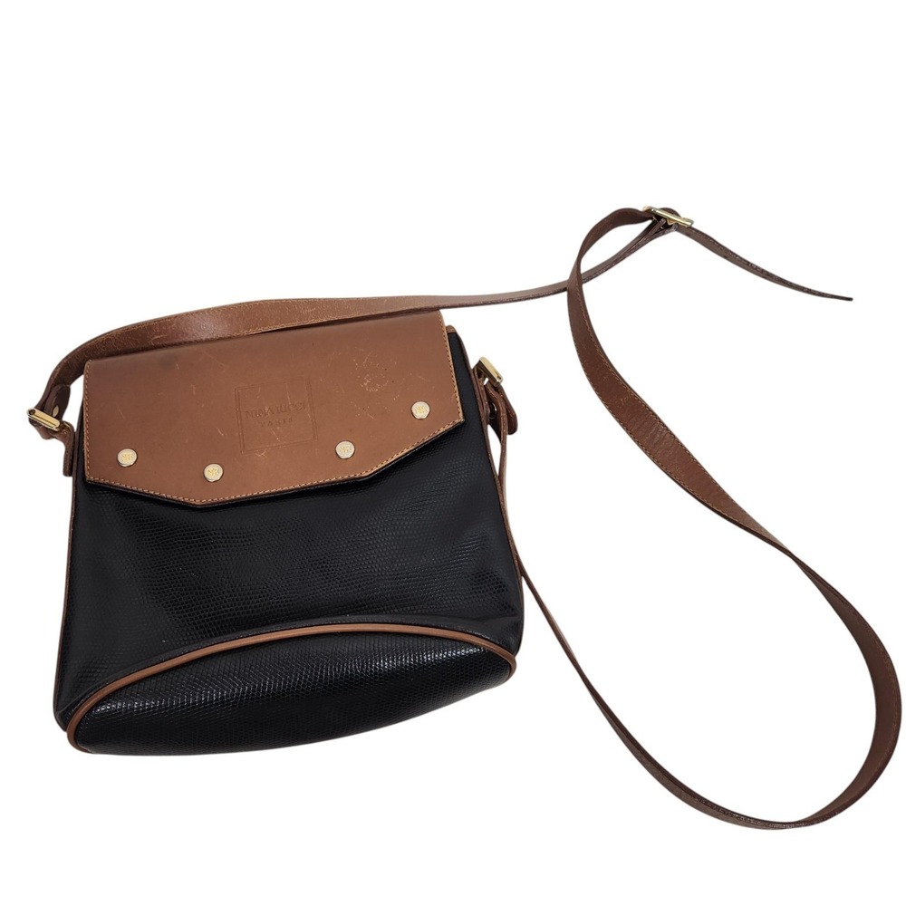 Vintage NINA RICCI Crossbody Bag Black Brown Leather Studded Italy Purse Luxury